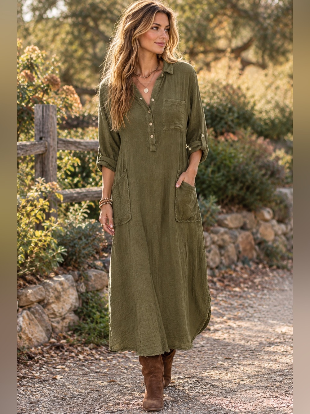 Relaxed Olive Green Cotton Midi Shirt Dress with Pockets